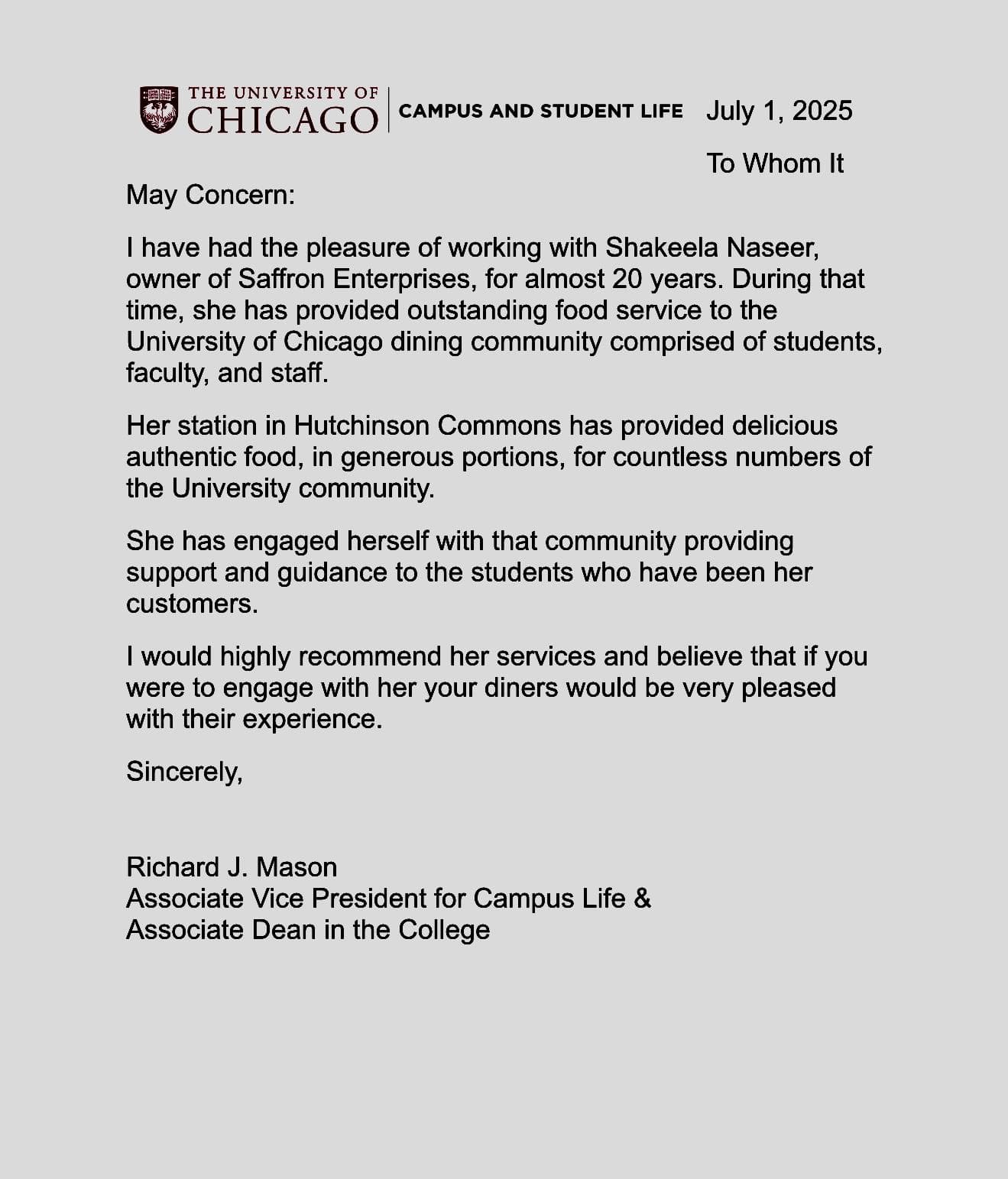 Certificate of Appreciation for Basma's Kitchen